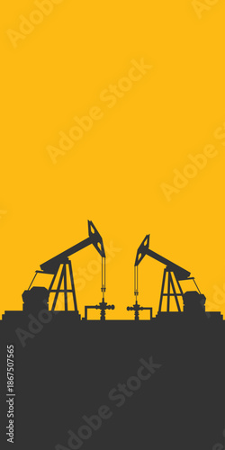 Oil rig pumpjack background. Petroleum industry. Simple flat silhouette banner. Crude oil