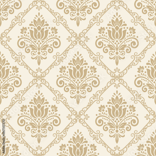 Brown and cream damask pattern vector in elegant seamless style, classic decorative damask pattern vector for wallpapers, vintage floral damask pattern vector for textiles and luxury backgrounds