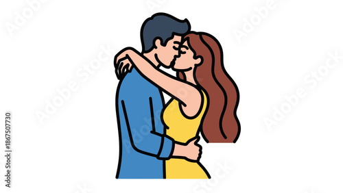 A cartoon illustration of a tender couple embracing and kissing with love and affection in a romantic