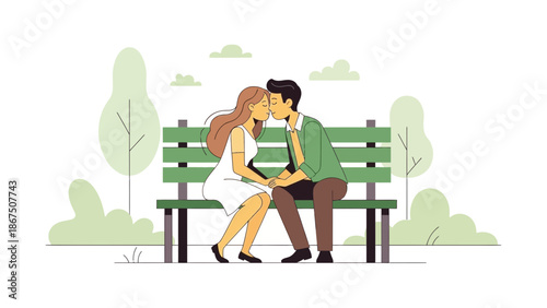 A romantic young couple sharing a tender moment on a green park bench surrounded by trees and bushes with love