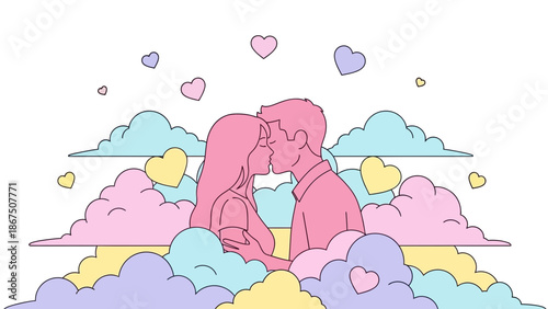 A sweet loving couple kissing surrounded by colorful hearts and fluffy pastel clouds in a romantic with love