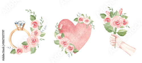 St. Valentine day or wedding, engagement compositions set with heart, golden ring with diamond and man hand with pink roses bouquets. Hand drawn Watercolor illustration isolated on a white background