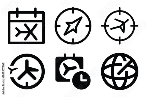 A collection of black and white travel and time related icons displayed in a simple design