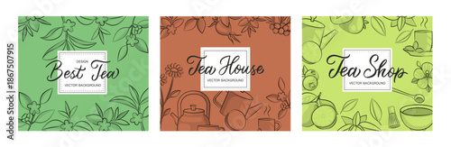 Tea Backgrounds and Decorative Borders with Hand Drawn Lettering, Square Banner Designs