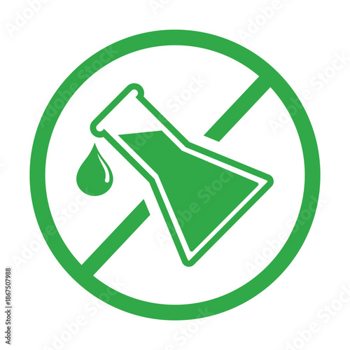 Green prohibited sign icon with a chemical flask and droplet. Minimalist vector illustration representing "no chemicals," "preservative-free," or "non-toxic" organic product labeling and safety.