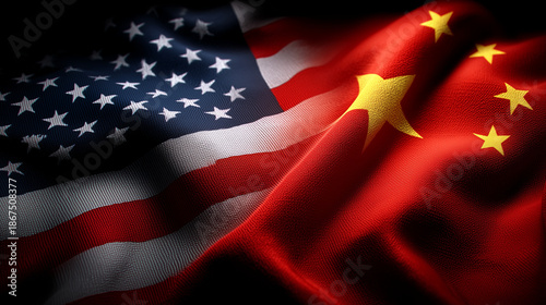 us flag waving next to chinese flag. relations between usa and china