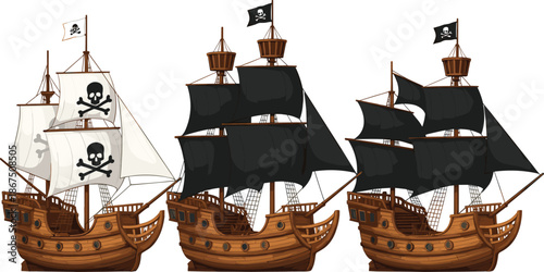 Pirate ships collection vector illustration with wooden sailing vessels and skull flags isolated on white background for adventure design