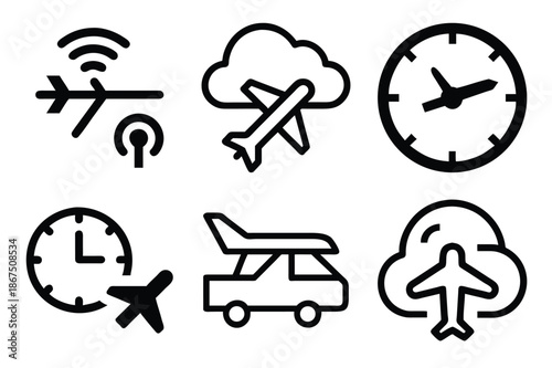 Collection of travel and connectivity icons depicting aviation time and wireless signals