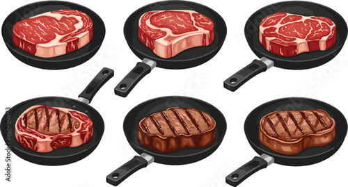 Raw and grilled steak cooking process vector illustration set with meat in frying pans isolated on white background