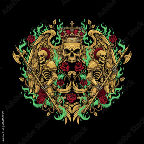 Dark Skull King with Skeletons and Roses Vector Illustration