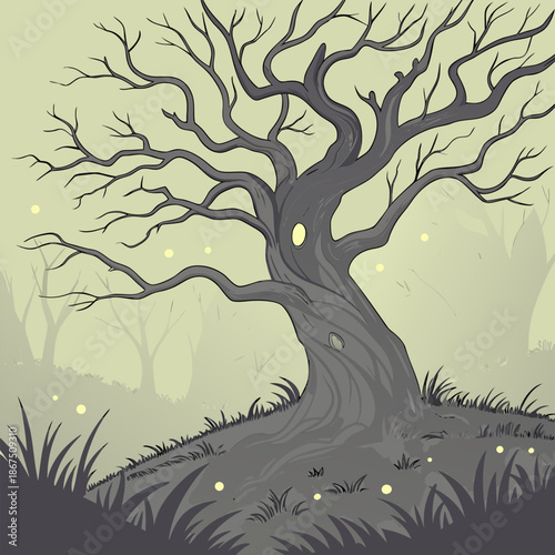 Gnarled bare tree with glowing eyes in misty forest with fireflies in muted green and grey tones for fantasy illustration
