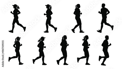 Silhouette figures of people running showcasing various stages of a stride