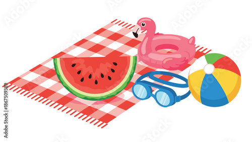 Beach day essentials laid out on a red and white checkered blanket, featuring a watermelon slice, inflatable flamingo, goggles, and beach ball.