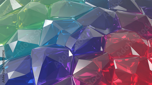 Abstract geometric background featuring a 3d vector design of colorful brilliant sapphire triangles and crystal polygon shapes forming a luxury origami gemstone heart illustration