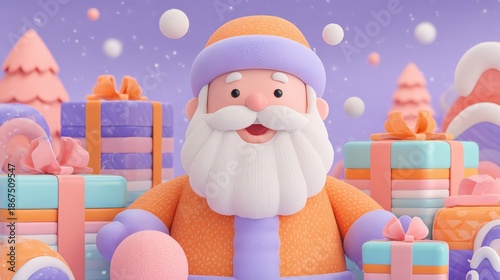 A cheerful, cartoonish Santa surrounded by colorful gifts and a festive background, evoking a joyful holiday spirit.