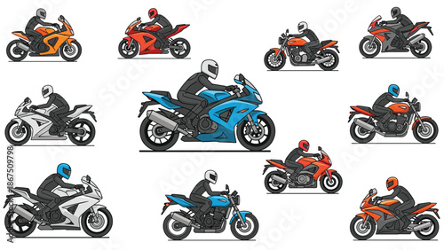 A dynamic collection of motorcycles and riders in various colors and styles, set against a white background, ideal for automotive and racing themes.