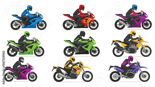 A vibrant assortment of motorcycles and riders in diverse colors like blue, green, yellow, and purple, presented against a white backdrop for adventure.