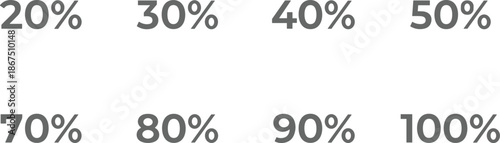 Percentage discount and progress icon set featuring bold numbers from twenty to one hundred for retail and financial branding.