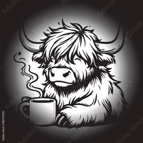 A smiling young cow with a coffee cup features a cartoon illustration design of a funny character face with artistic hair and a comic expression drawing