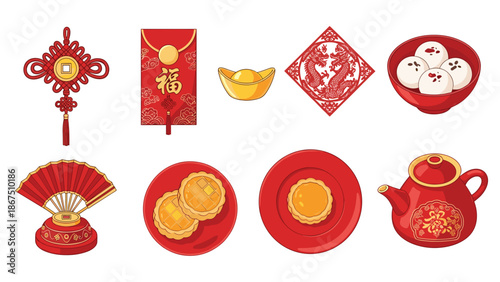 Traditional Chinese New Year items, featuring mooncakes, tea set, red envelope, gold ingot, paper cutting, fan, and dumplings, symbolizing prosperity and good fortune.