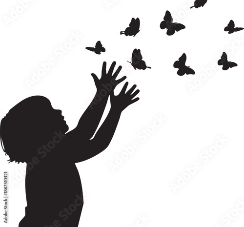Silhouette of a person reaching up towards flying butterflies hands