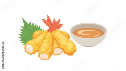 A plate of crispy tempura shrimp served with a dipping sauce and a green garnish, presented on a white background for a Japanese cuisine theme.