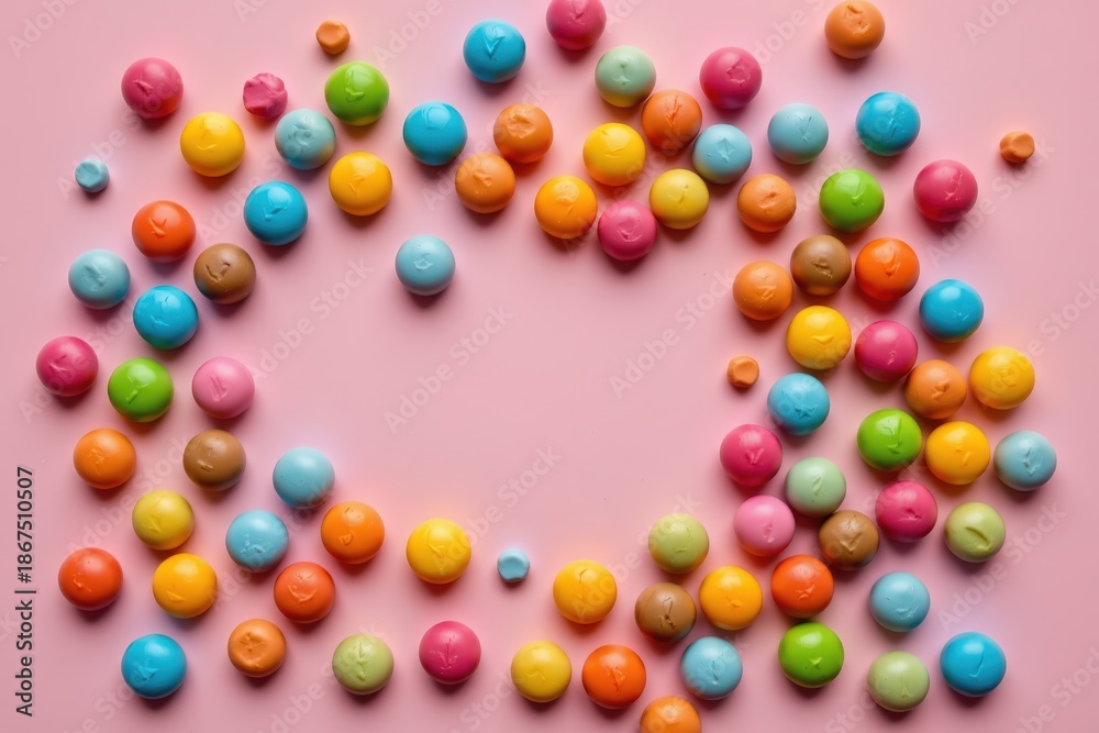 Fototapeta premium Colorful Candy Scattered on Pastel Pink Background with Copy Space for Valentine's Day or Sweet Treats Concepts