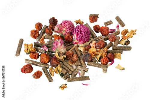 Combined feed for dwarf rabbits with clover. Dried berries and vegetables for rodents.