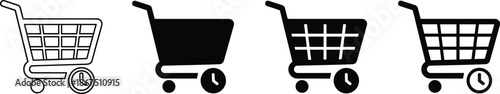 Shopping cart and clock icon set featuring e-commerce delivery timing symbols in linear and solid black silhouette styles.