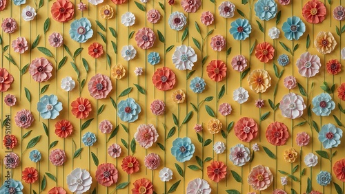 Colorful flower pattern with green stems on yellow background. Decorative floral design. Vibrant and lively flowers. Bright and cheerful floral wallpaper.