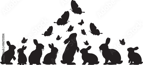 Silhouettes of rabbits and butterflies in a whimsical arrangement on white background black
