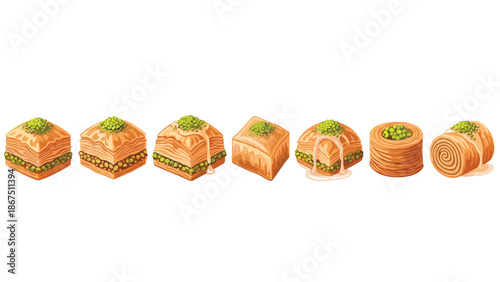 A variety of baklava pastries, showcasing different shapes and layers of nuts and phyllo dough drizzled with syrup, presented on a white background.