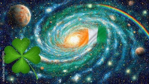 A vibrant spiral galaxy with an irish flag rainbow and clover in space