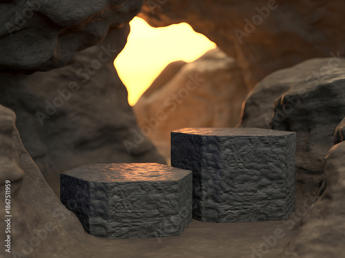 A cinematic product showcase featuring two rugged, dark gray textured stone podiums