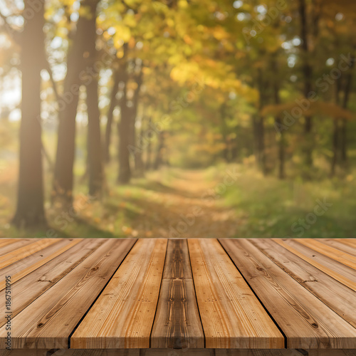 A professional product photography background featuring a clean wooden plank floor in an autumn forest park with sun light bokeh and trees under a clear sky