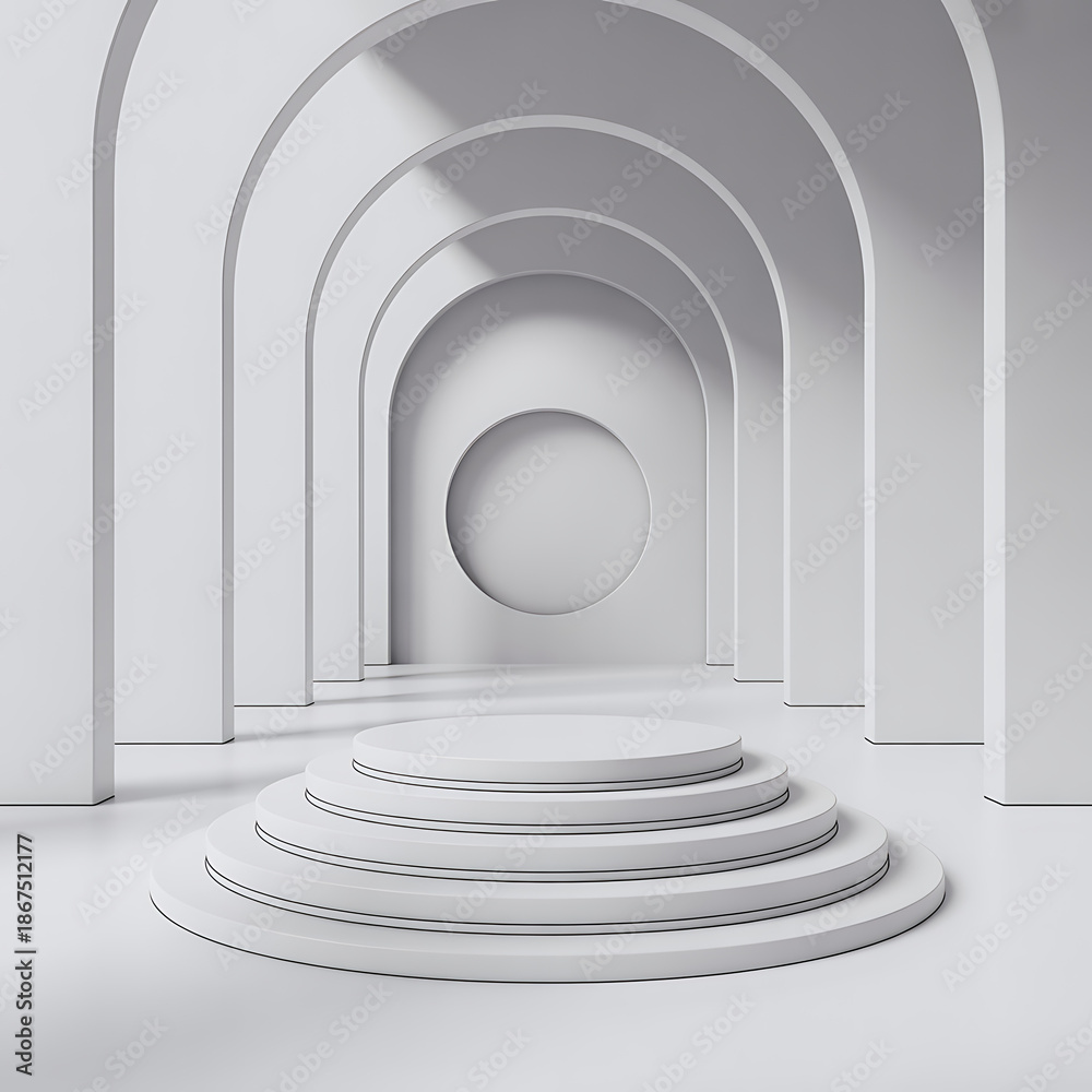 Fototapeta premium A minimalist 3D white circular podium with tiered steps and clean 3d illustration of an empty white corridor with round columns