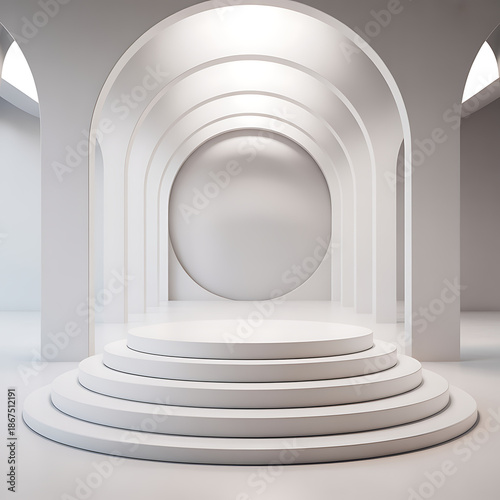 A minimalist 3D white circular podium with tiered steps  and clean 3d illustration of an empty white corridor with round columns