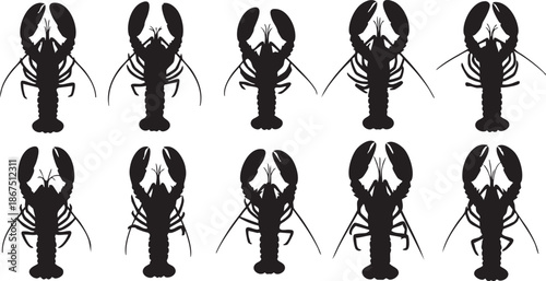 Ten black lobster silhouettes arranged in two rows of five on a white background 1