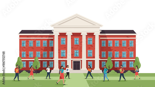 A stately brick building resembling a university or college campus with students walking on the lawn, representing education and academia.