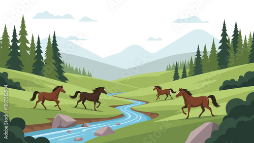 A picturesque landscape with rolling green hills, a winding river, scattered rocks, pine trees, and mountains in the distance, featuring galloping horses.