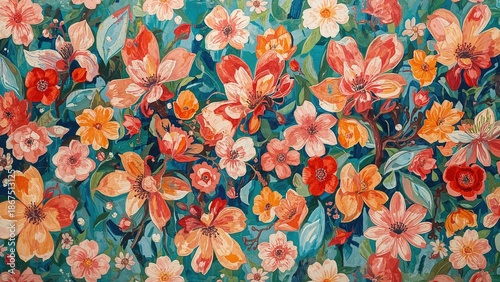 Colorful floral pattern with various flowers and leaves, vibrant and detailed design.