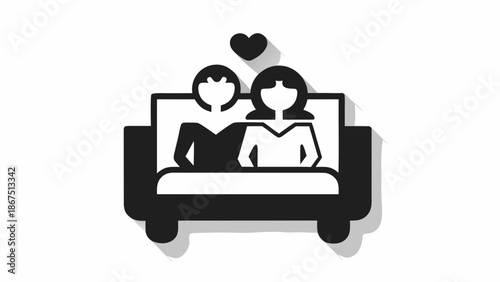 Two people sitting on a couch with a heart above them in a loving relationship with couple