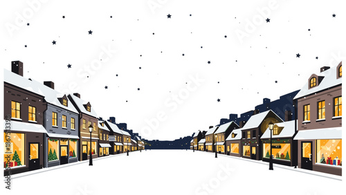 A snow-covered town street lined with decorated buildings and glowing windows, creating a magical and festive holiday atmosphere.