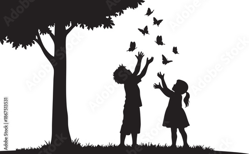 Two children reaching up to butterflies under a tree silhouette girl 1