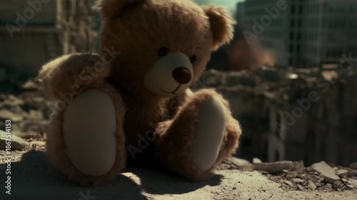A teddy bear sits alone amidst the ruins of a destroyed cityscape, symbolizing loss and abandonment in a post-disaster travel scenario 