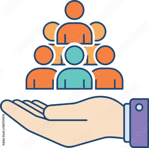 Colorful group of people silhouettes held in a hand representing employee support and inclusive human resources management branding.