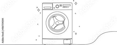 Continuous line art illustration of a washing machine with sparkle icons for laundry service branding and appliance maintenance.
