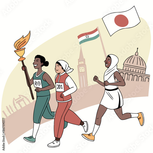 International relay race with athletes from different countries