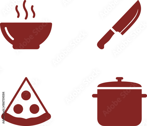 Culinary icon set featuring soup bowl chef knife pizza slice and cooking pot silhouettes for restaurant menu branding.