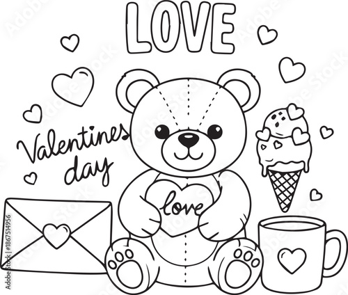 Valentine’s Day Coloring Page with Cute Teddy Bear, Hearts, Ice Cream, and Letter – Kawaii Vector Illustration for Kids